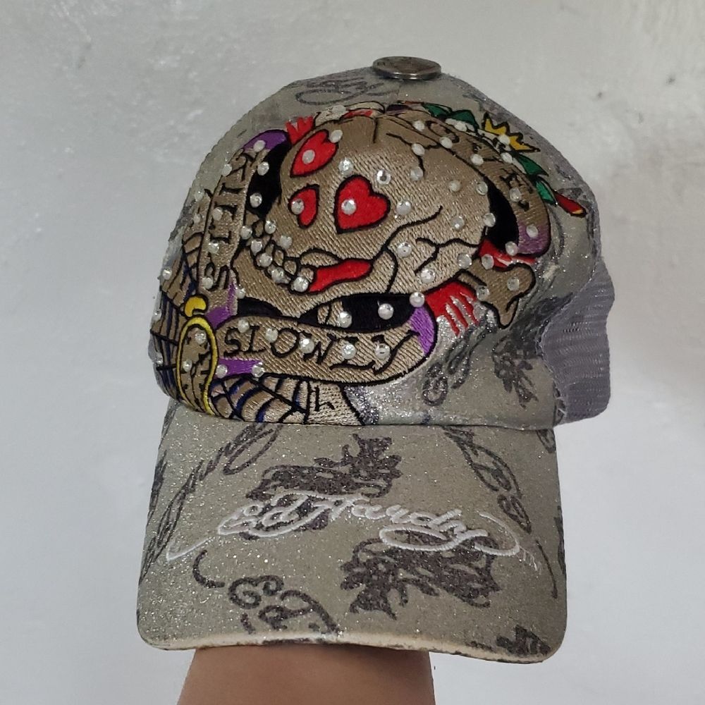 Y2K Ed Hardy Silver Skull Cap with Red Hearts